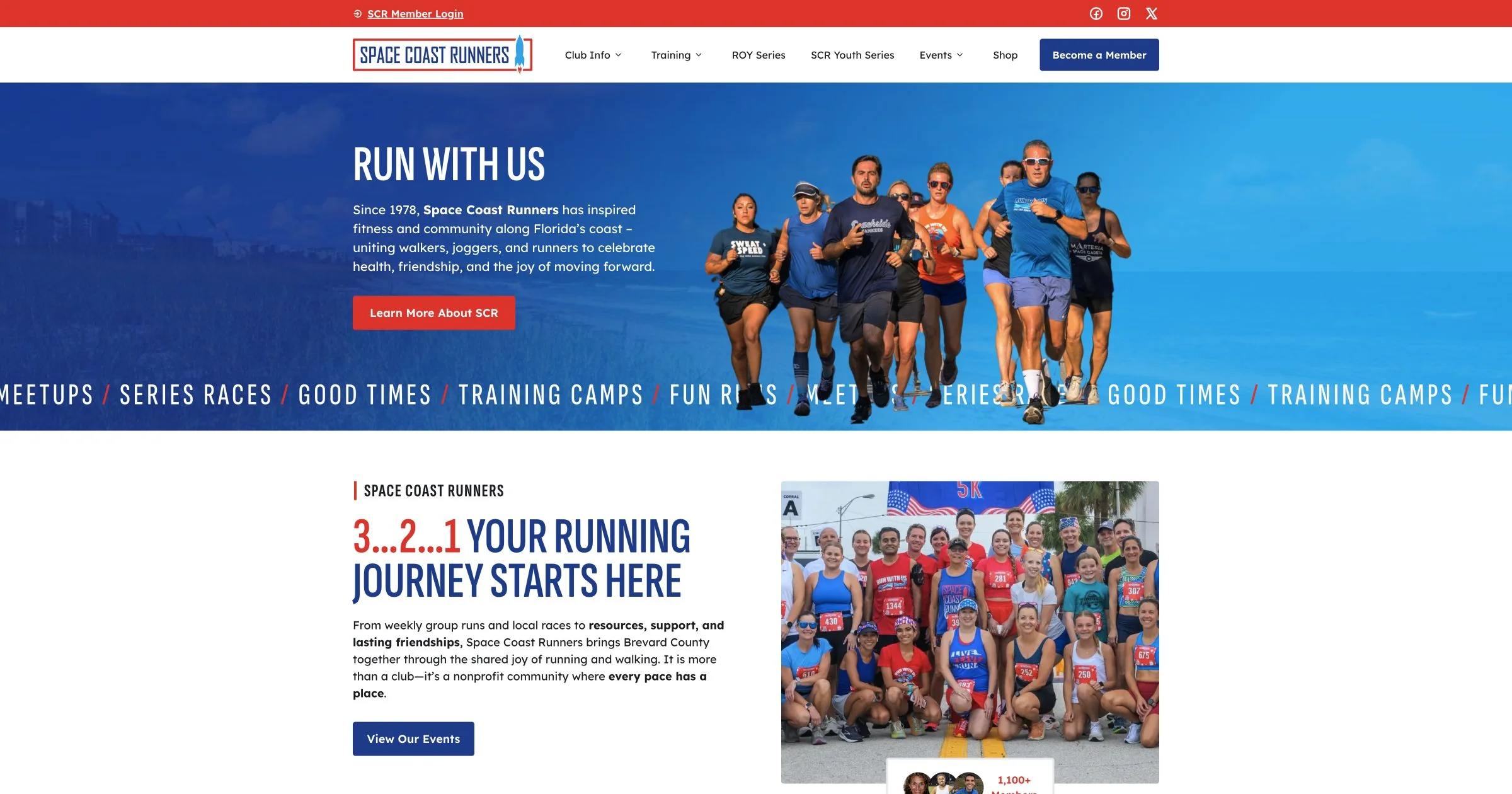 Space Coast Runners website desktop view
